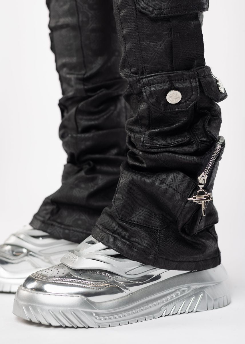 GUAPI: Black Monogram Embellished Denim